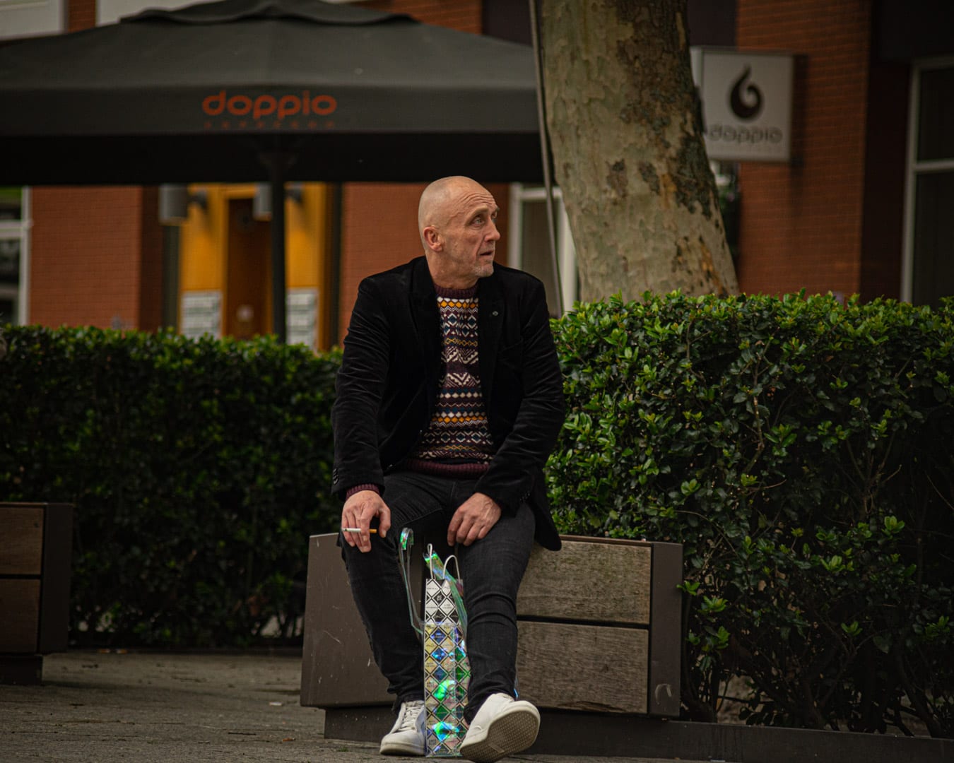 Street photograph: a man on a bench beside a hedge