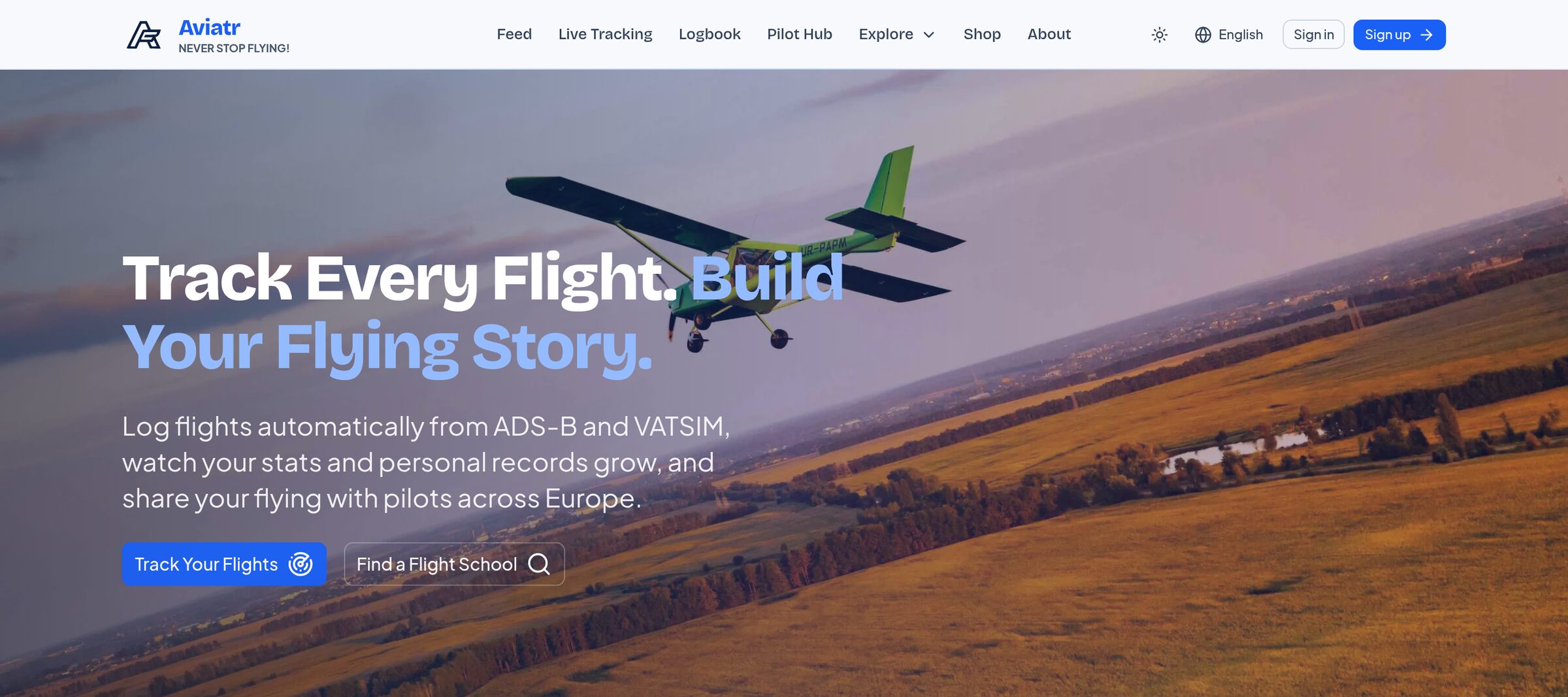 Aviatr home page: “Track every flight. Build your flying story.” over an aerial photo of a light aircraft