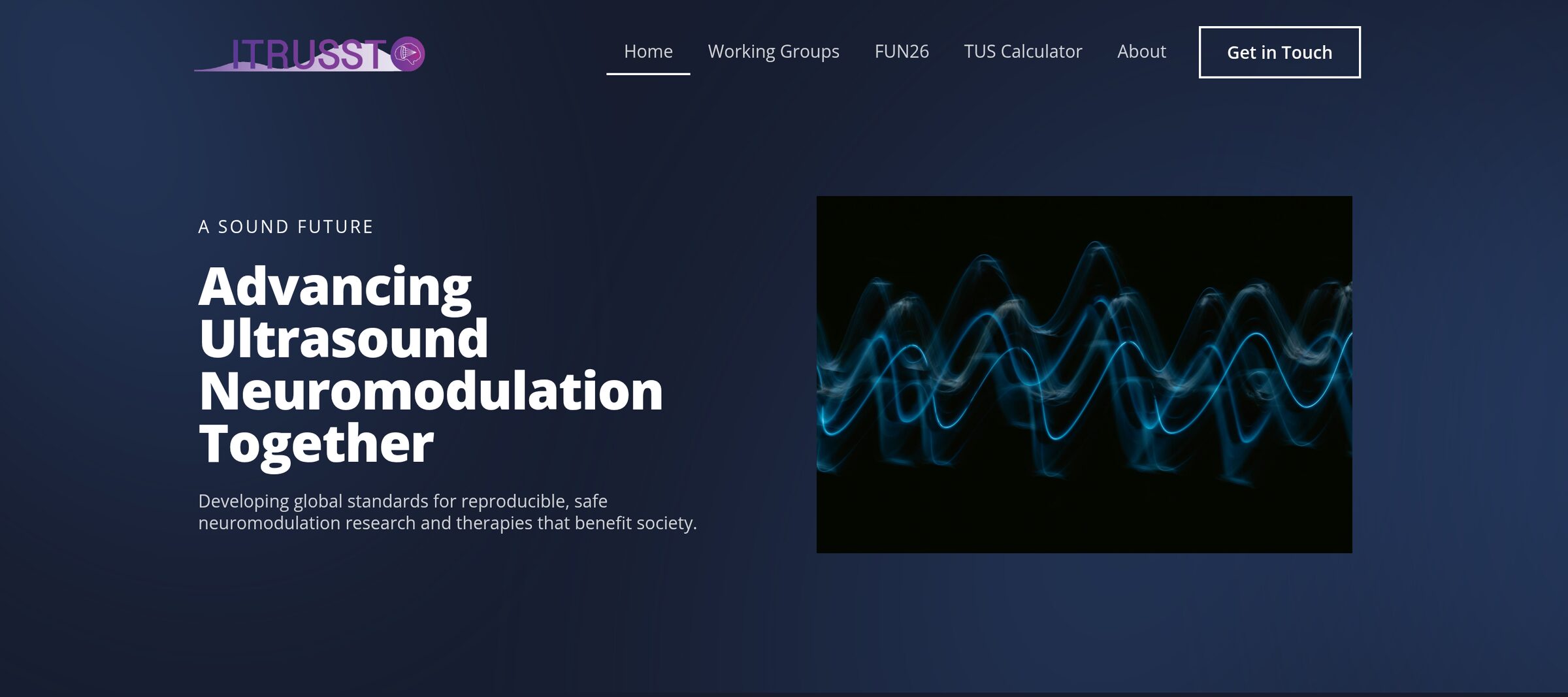 ITRUSST home page: “Advancing ultrasound neuromodulation together” beside an ultrasound waveform