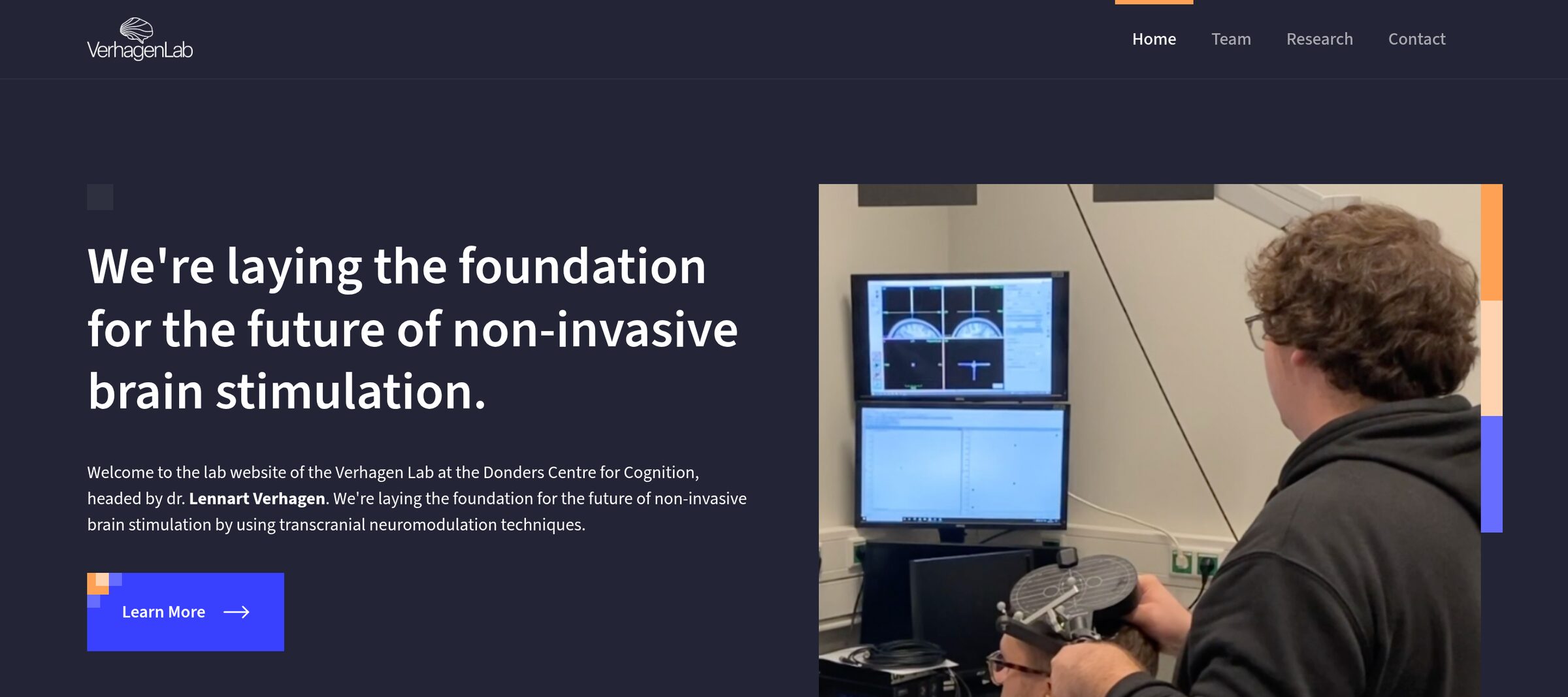 VerhagenLab home page: “We're laying the foundation for the future of non-invasive brain stimulation” beside a lab photo